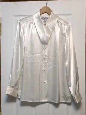 Vintage Alexandria White Satin Blouse Sz 10 Long Sleeve Button Down Shiny Dressy